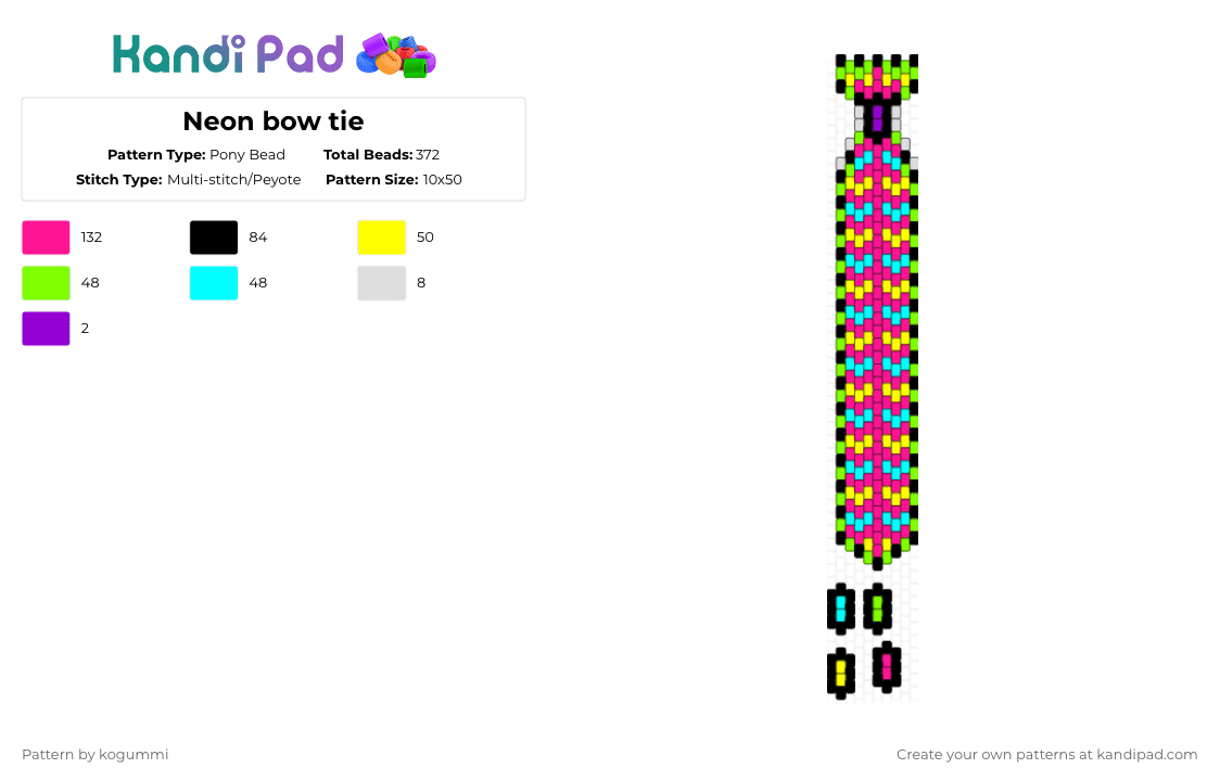 Neon bow tie - Pony Bead Pattern by kyletheclown123 on Kandi Pad - pink,cotdboldcolors,neon,bowtie,green,black,colorful
