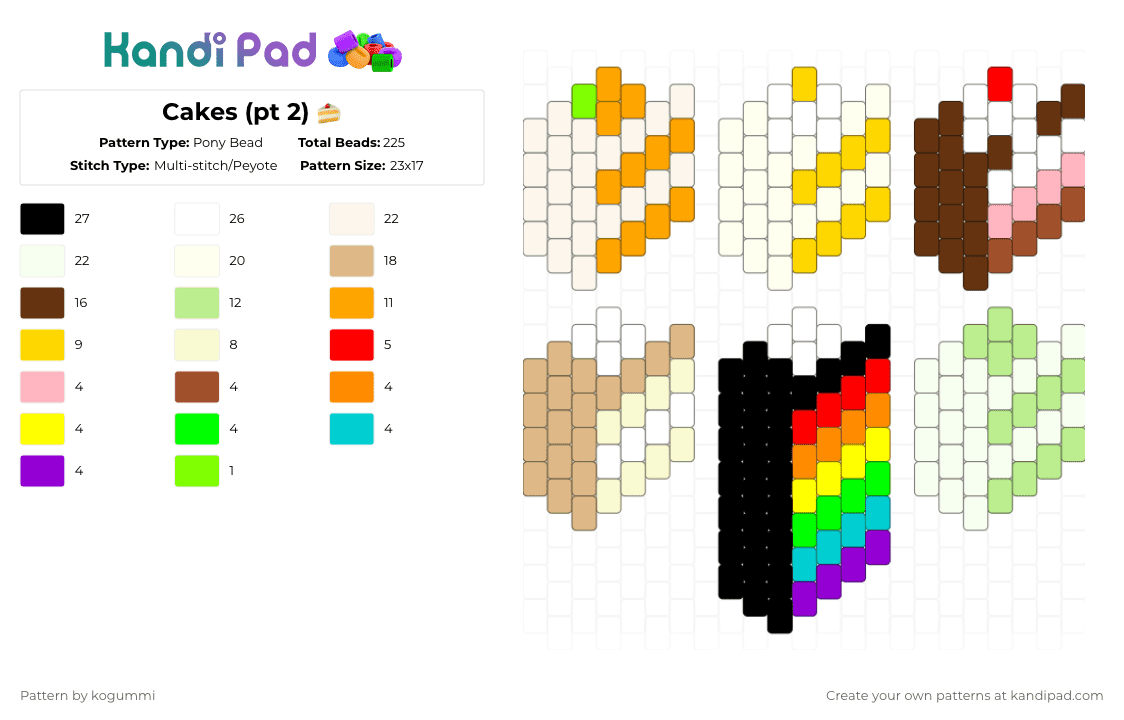 Cakes (pt 2) 🍰 - Pony Bead Pattern by kyletheclown123 on Kandi Pad - white,yellow,brown,colorful,cake,food,rainbow,sweets,green,orange