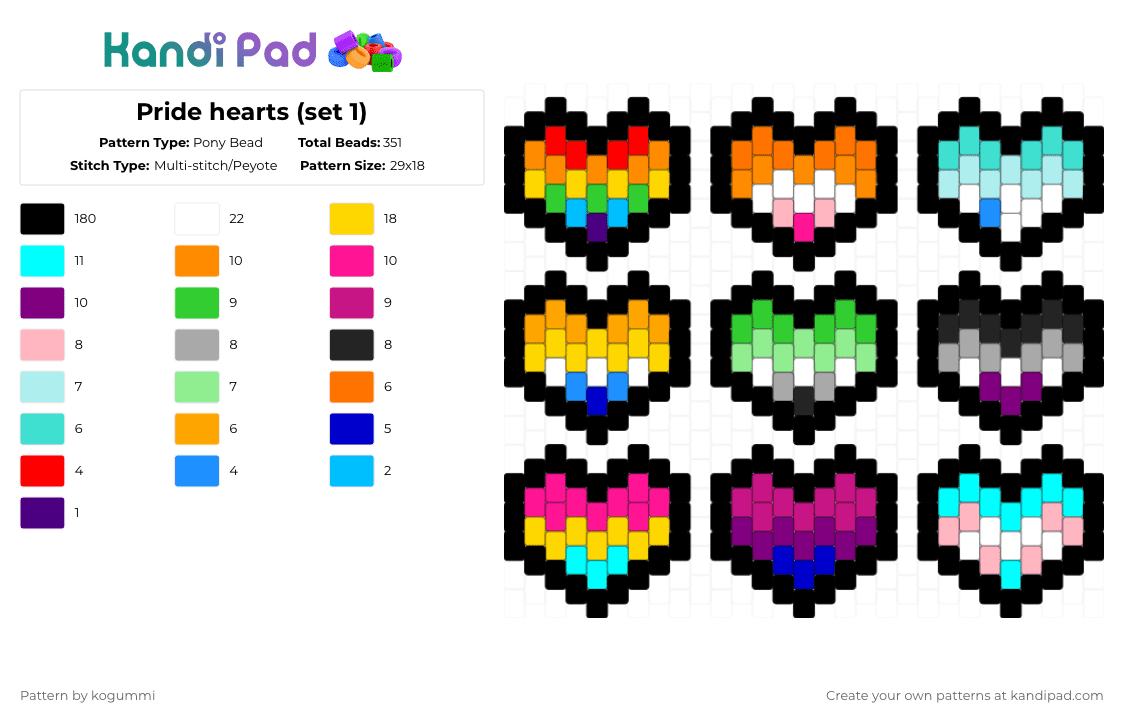 Pride hearts (set 1) - Pony Bead Pattern by kyletheclown123 on Kandi Pad - black,pink,yellow,colorful,pride,rainbow,lgbtq