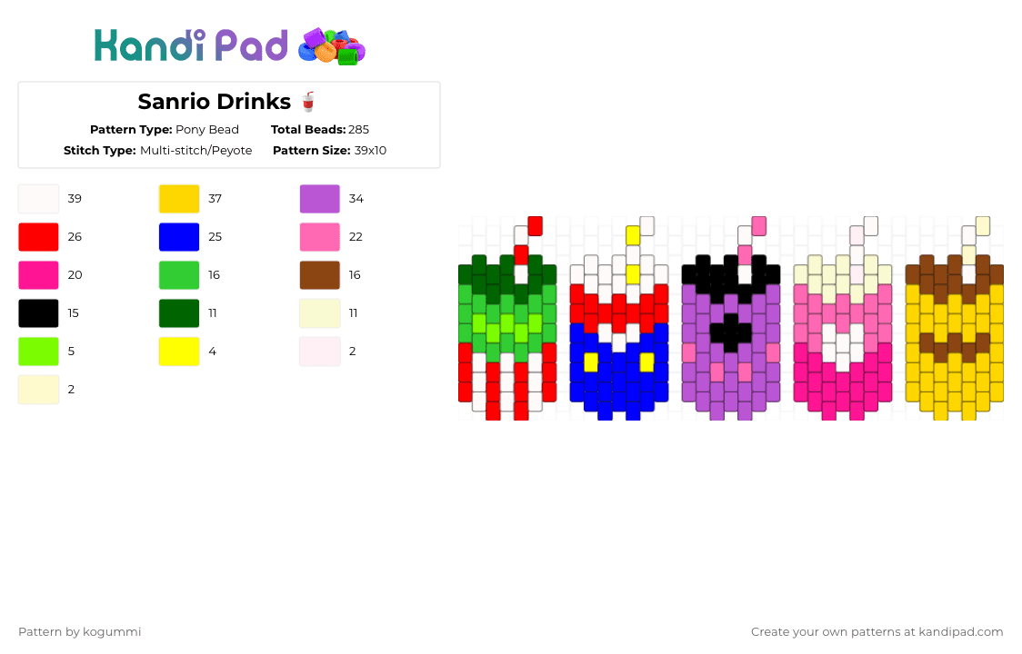Sanrio Drinks 🥤 - Pony Bead Pattern by kyletheclown123 on Kandi Pad - red,yellow,pink,sanrio,drink,food,green,purple