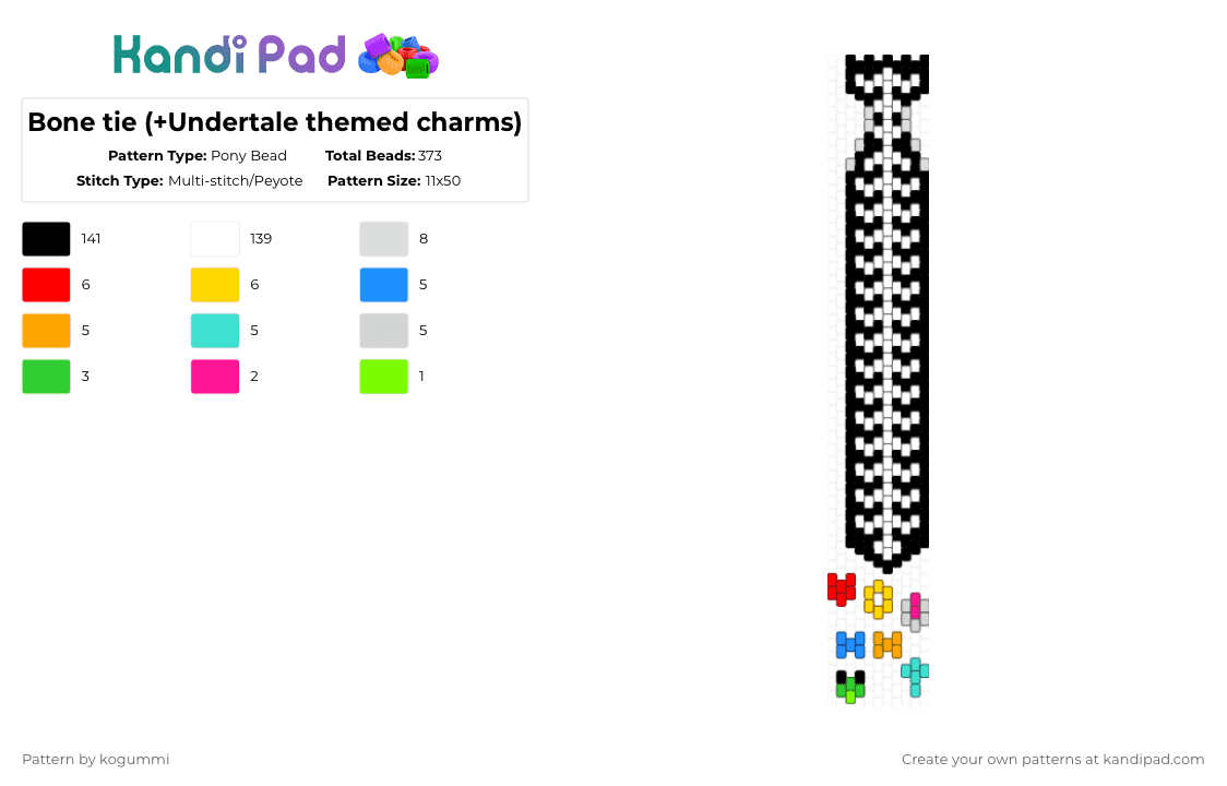 Bone tie (+Undertale themed charms) - Pony Bead Pattern by kyletheclown123 on Kandi Pad - black,white,light blue,yellow,colorful,undertale,bones,tie
