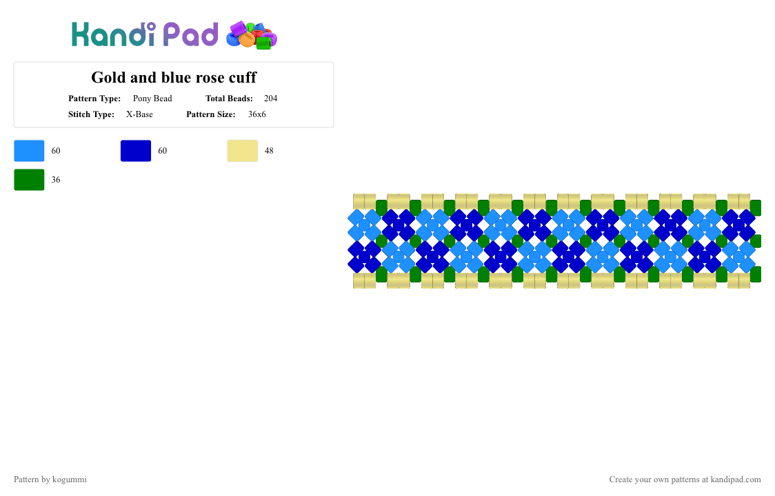 Gold and blue rose cuff - Pony Bead Pattern by kyletheclown123 on Kandi Pad - blue, cuff, gold, light blue, purple, rose, yellow