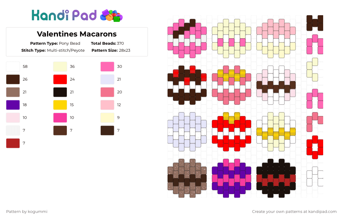 Valentines Macarons - Pony Bead Pattern by kyletheclown123 on Kandi Pad - white,pink,brown,red,cotdvalentinesday2026,valentine,macarons,sweets,food