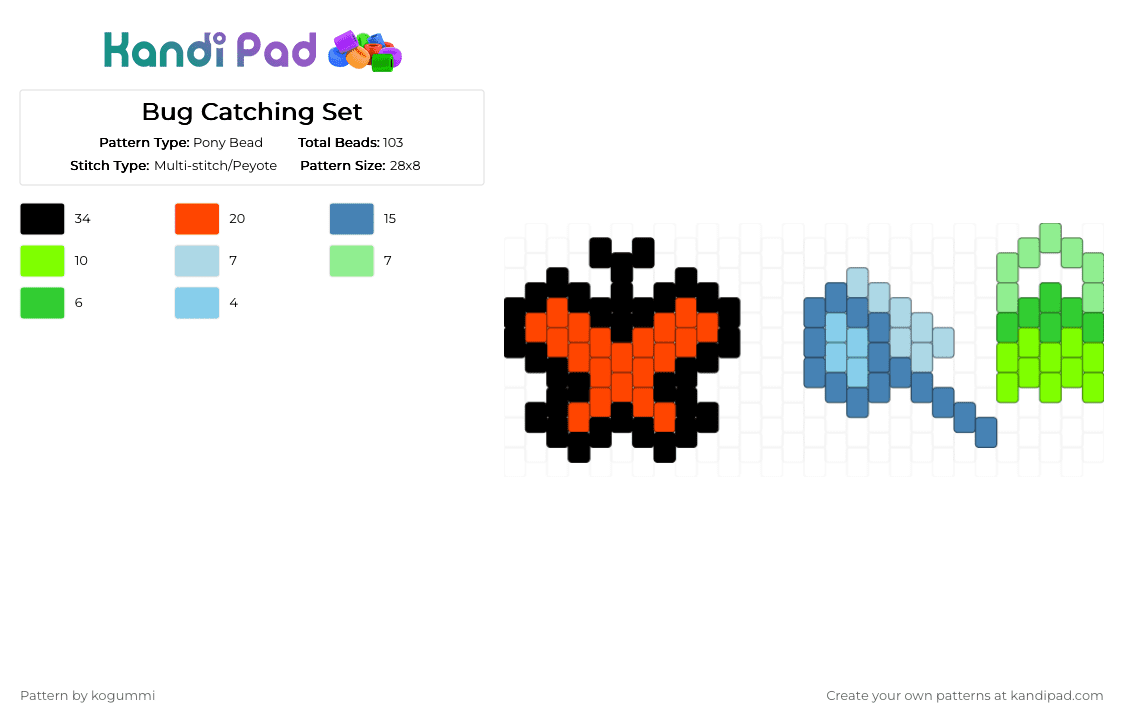 Bug Catching Set - Pony Bead Pattern by kyletheclown123 on Kandi Pad - blue, bug, bug catching, butterfly, charms, green, net, orange, red