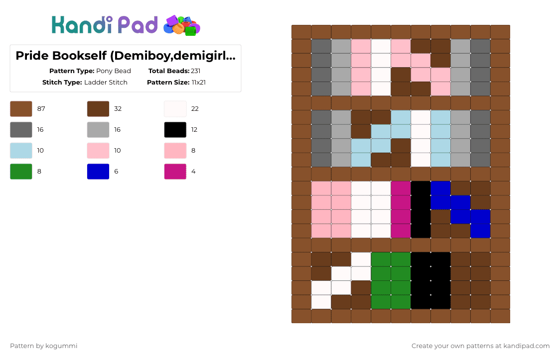 Pride Bookself (Demiboy,demigirl,Neutrois,genderfluid) - Pony Bead Pattern by kyletheclown123 on Kandi Pad - tan,pink,brown,books,lgbtq,neutrois,demigirl,demiboy,genderfluid,pride