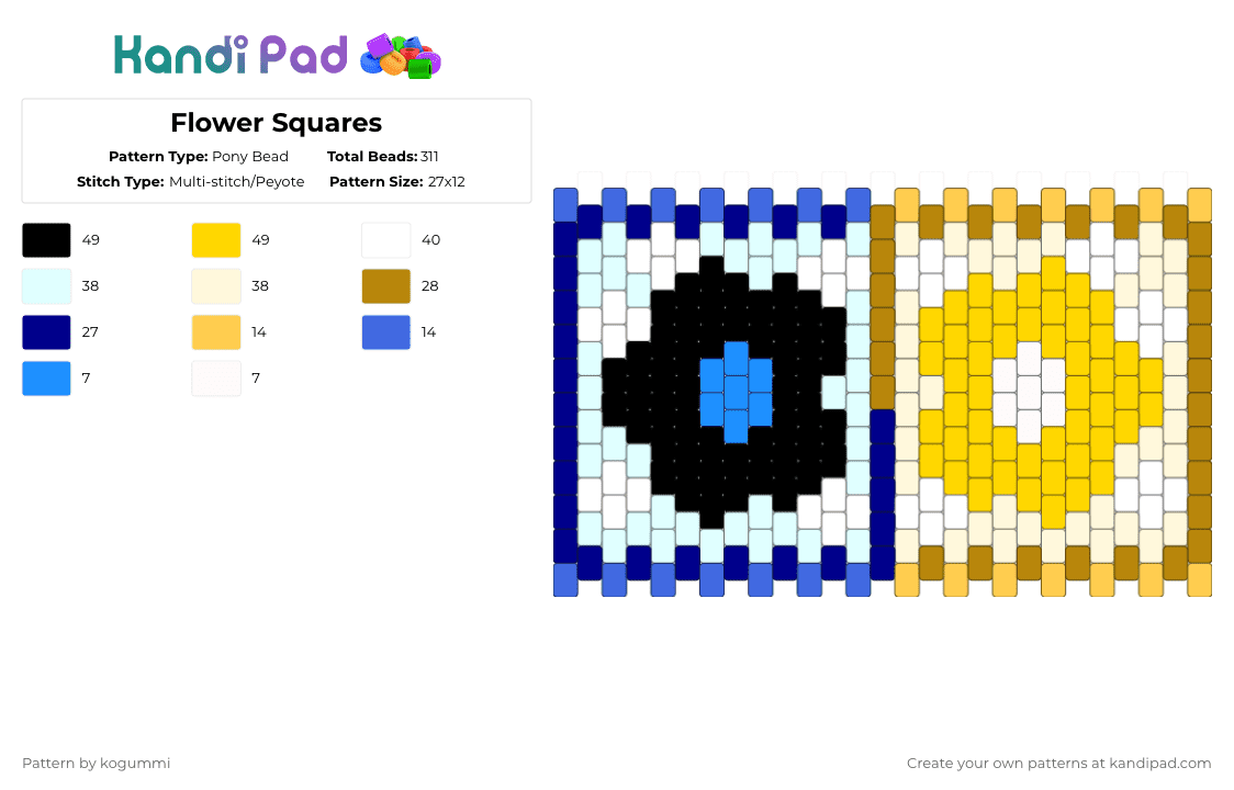 Flower Squares - Pony Bead Pattern by kyletheclown123 on Kandi Pad - white,yellow,gold,purple,smc,pvc,blue,cozy,square