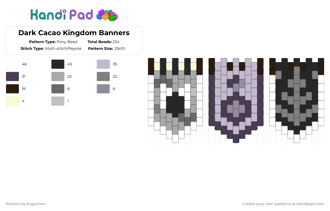 Dark Cacao Kingdom Banners - Pony Bead Pattern by kyletheclown123 on Kandi Pad - banner, brown, choco, crk, crunchychip, darkcacao, gray, pink, purple