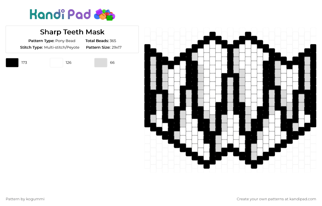 Sharp Teeth Mask - Pony Bead Pattern by kyletheclown123 on Kandi Pad - black,white,tadc,bubble tadc,mask,teeth,fangs,creepy