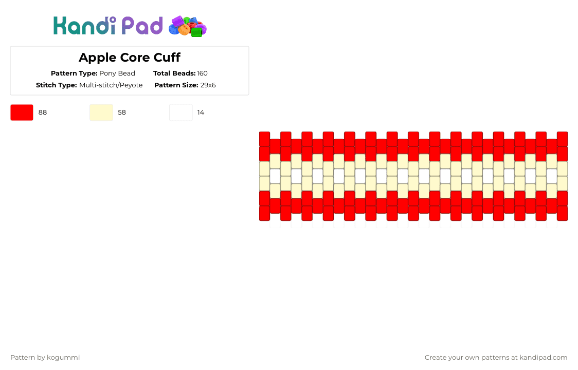 Apple Core Cuff - Pony Bead Pattern by kyletheclown123 on Kandi Pad - red,yellow,apple,cuff,fruit