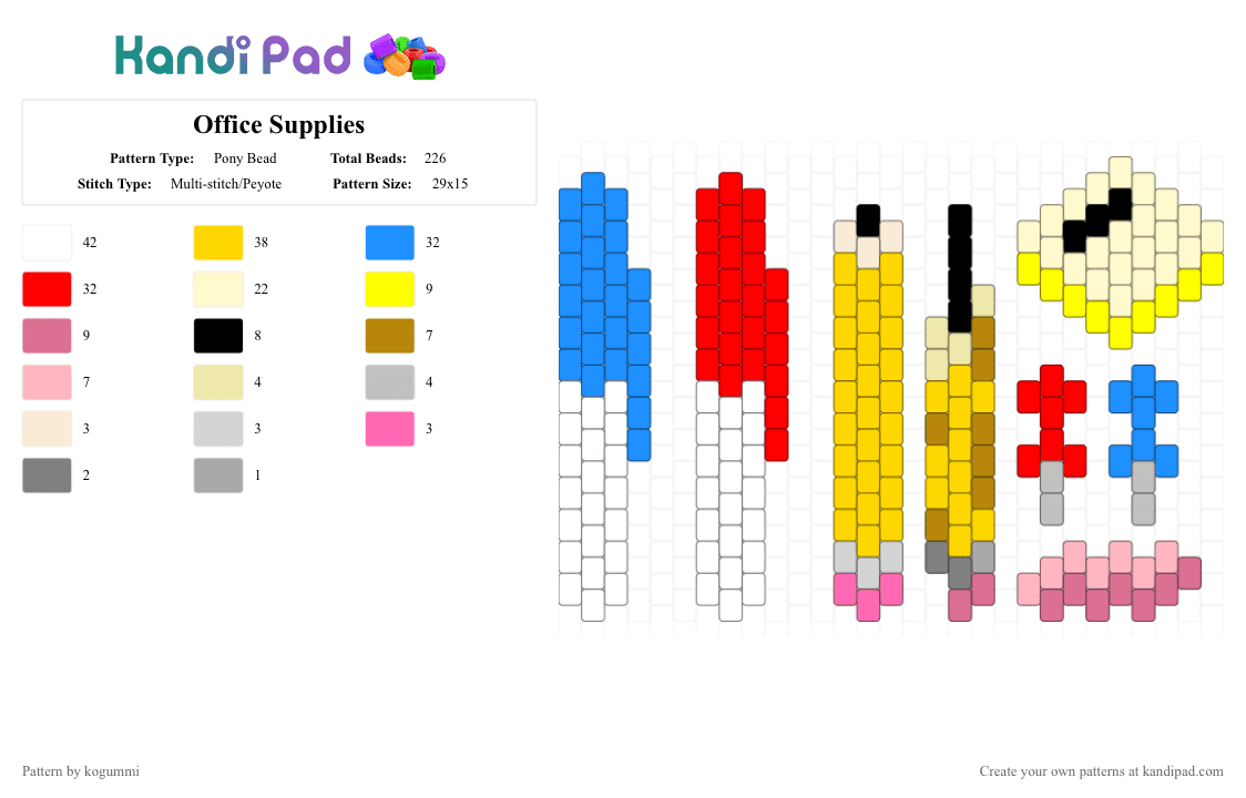 Office Supplies - Pony Bead Pattern by kyletheclown123 on Kandi Pad - yellow,light blue,red,cotdpens,pen,school,office,office supplies,pencil,stationary,work