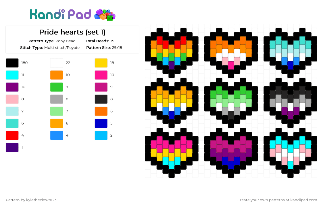 Pride hearts (set 1) - Pony Bead Pattern by kyletheclown123 on Kandi Pad - black,pink,yellow,colorful,pride,rainbow,lgbtq