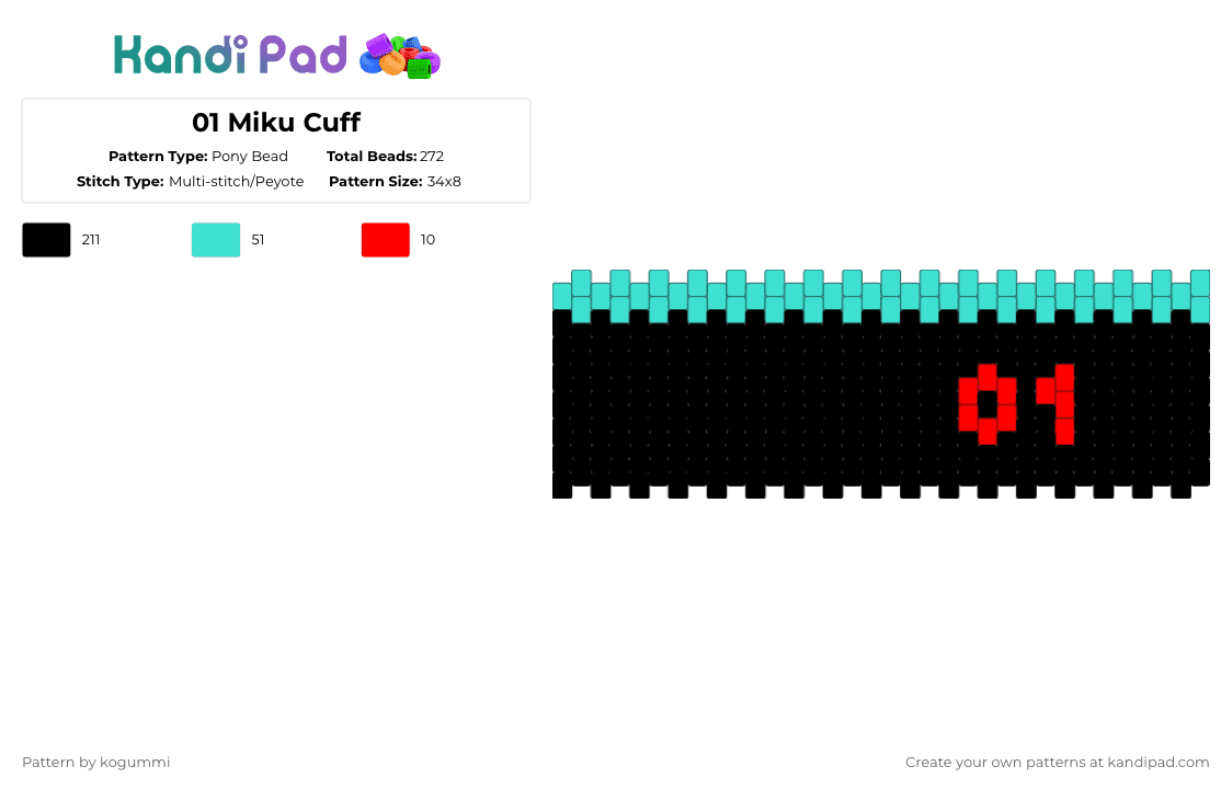 01 Miku Cuff - Pony Bead Pattern by kyletheclown123 on Kandi Pad - black,light blue,miku,cuff,easy