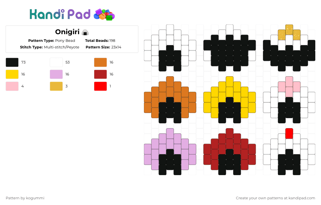 Onigiri 🍙 - Pony Bead Pattern by kyletheclown123 on Kandi Pad - yellow,pink,red,onigiri,japanese,riceballs,food,white,black,yummy,rice