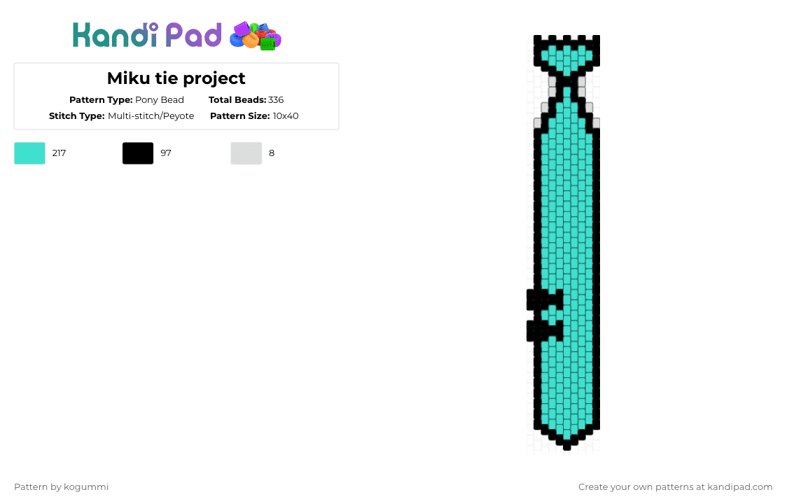 Miku tie project - Pony Bead Pattern by kyletheclown123 on Kandi Pad - light blue,miku,blue,tie