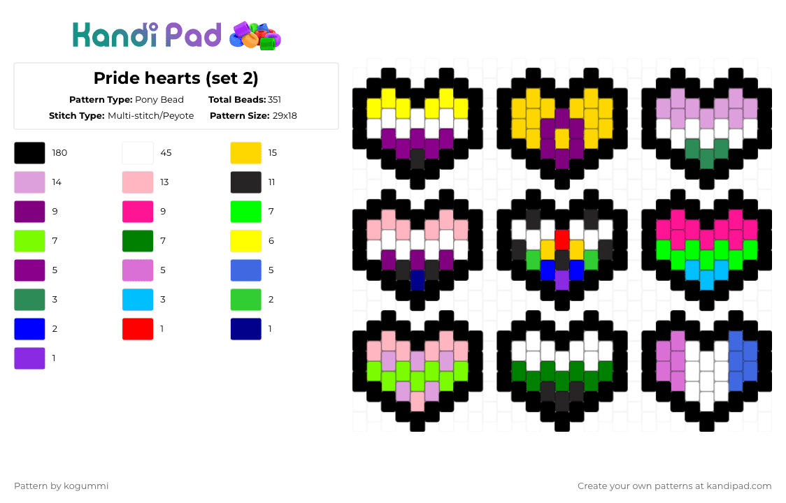 Pride hearts (set 2) - Pony Bead Pattern by kyletheclown123 on Kandi Pad - black,yellow,pink,green,pride,lgbtq,colorful