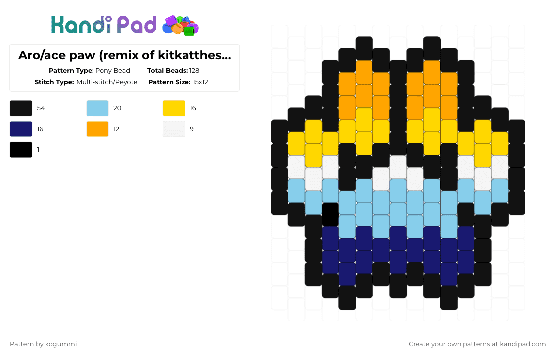Aro/ace paw (remix of kitkatthesilly’s pattern) - Pony Bead Pattern by kyletheclown123 on Kandi Pad - yellow,light blue,purple,aroace,blue,orange,pride,paw
