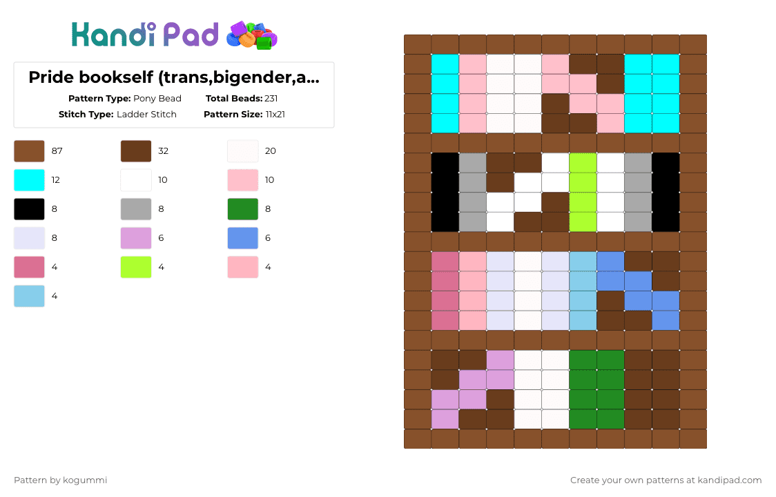 Pride bookself (trans,bigender,agender,genderqueer) - Pony Bead Pattern by kyletheclown123 on Kandi Pad - tan,brown,books,lgbtq,bigender,genderqueer,transgender,agender,pride