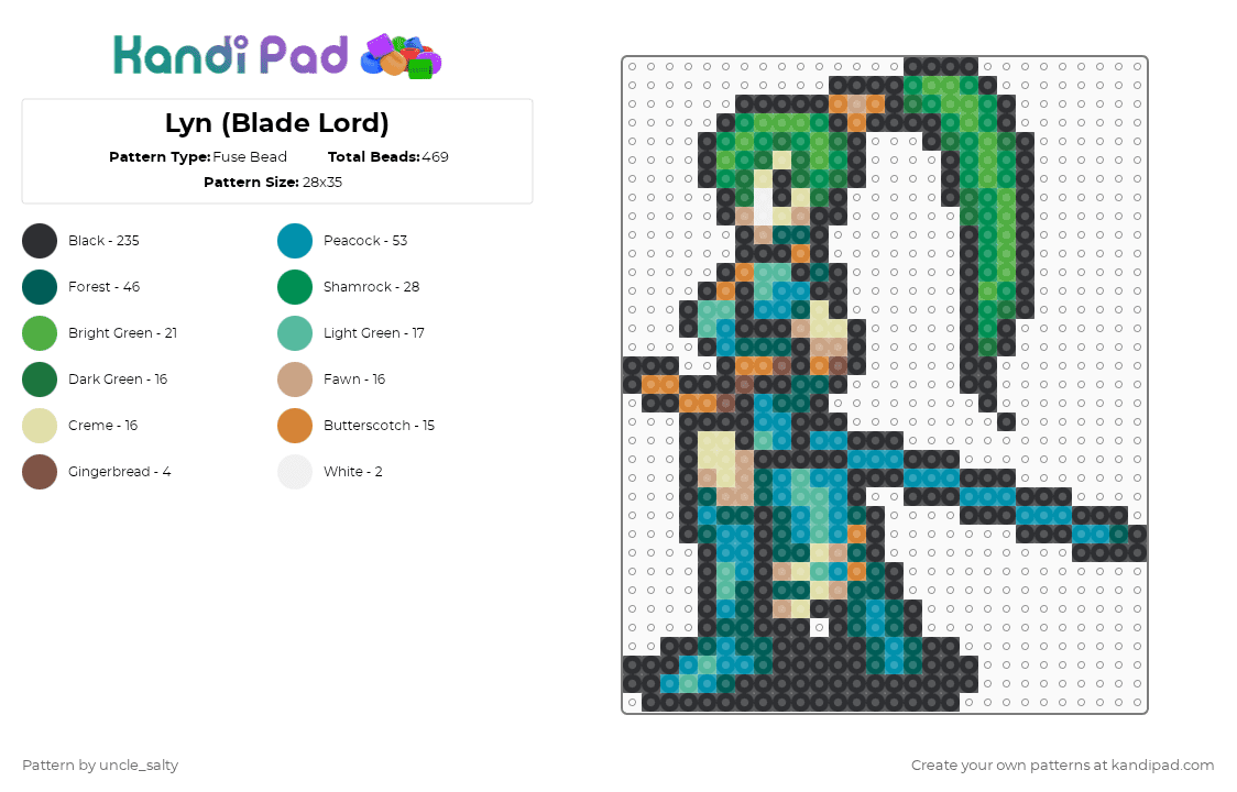 Lyn (Blade Lord) - Fuse Bead Pattern by uncle_salty on Kandi Pad - black,green,gray,teal,games,gaming,video games,nintendo,fire emblem