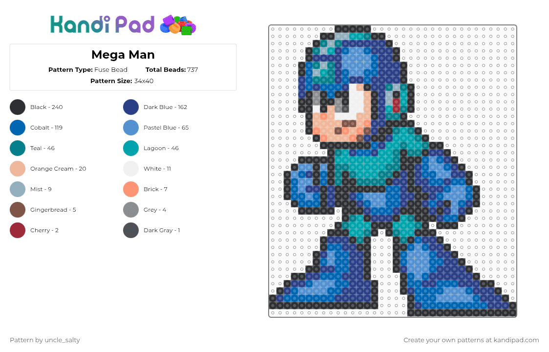 Mega Man - Fuse Bead Pattern by uncle_salty on Kandi Pad - blue,light blue,teal,games,gaming,video games,nintendo,capcom,megaman