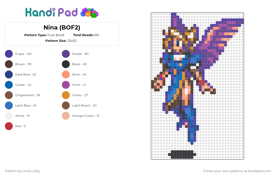 Nina (BOF2) - Fuse Bead Pattern by uncle_salty on Kandi Pad - purple,brown,orange,blue,video games,games,nintendo