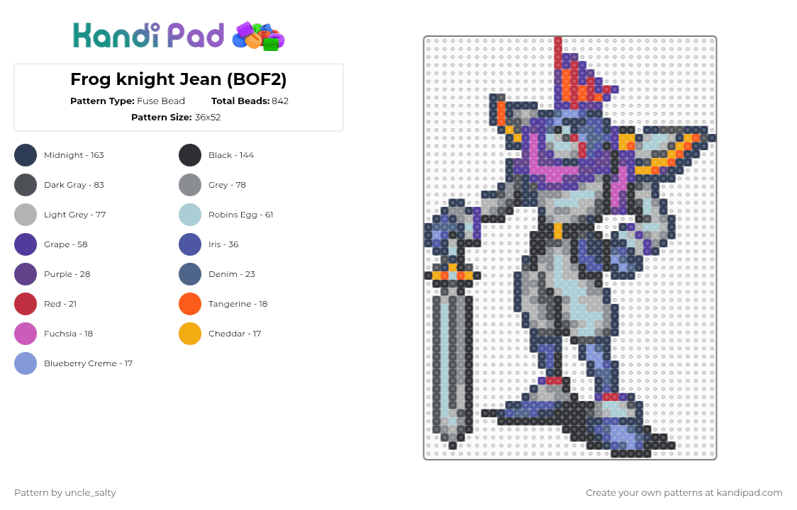 Frog knight Jean (BOF2) - Fuse Bead Pattern by uncle_salty on Kandi Pad - purple,gray,beige,light blue,video games,games,gaming,nintendo