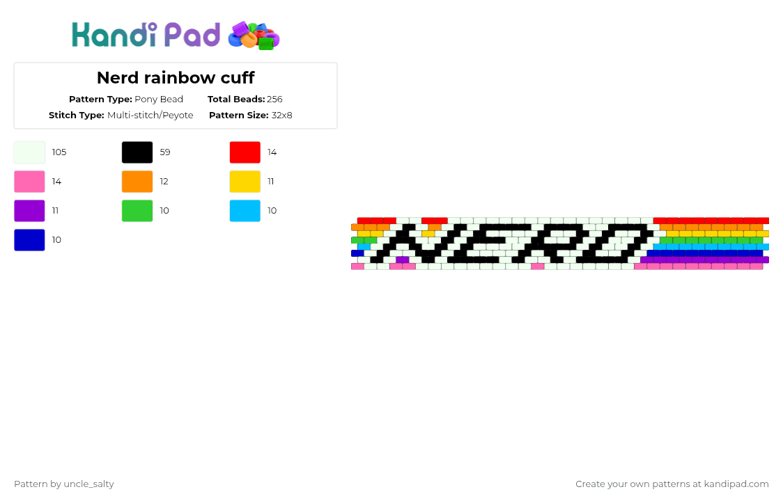 Nerd rainbow cuff - Pony Bead Pattern by uncle_salty on Kandi Pad - white,orange,pink,colorful