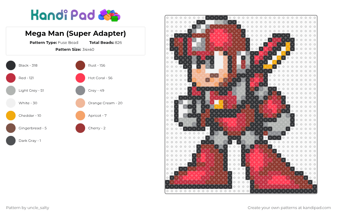 Mega Man (Super Adapter) - Fuse Bead Pattern by uncle_salty on Kandi Pad - red,games,gaming,video games,nintendo,capcom,megaman