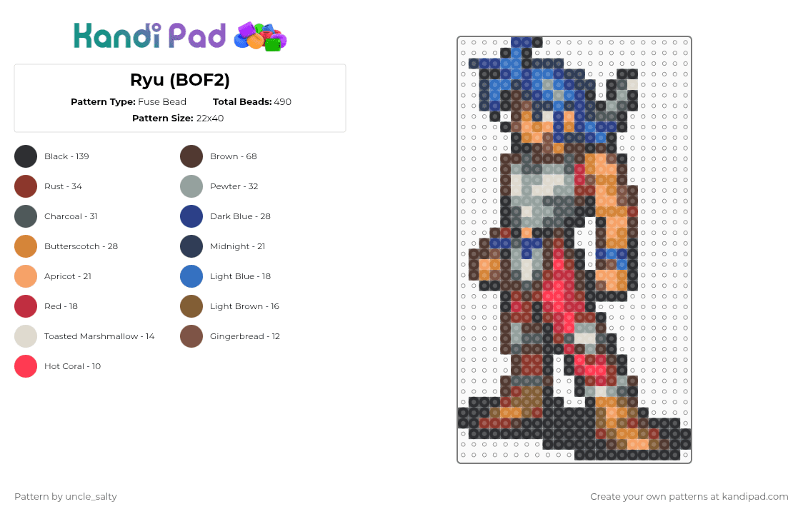Ryu (BOF2) - Fuse Bead Pattern by uncle_salty on Kandi Pad - brown,blue,red,orange,video games,games,nintendo