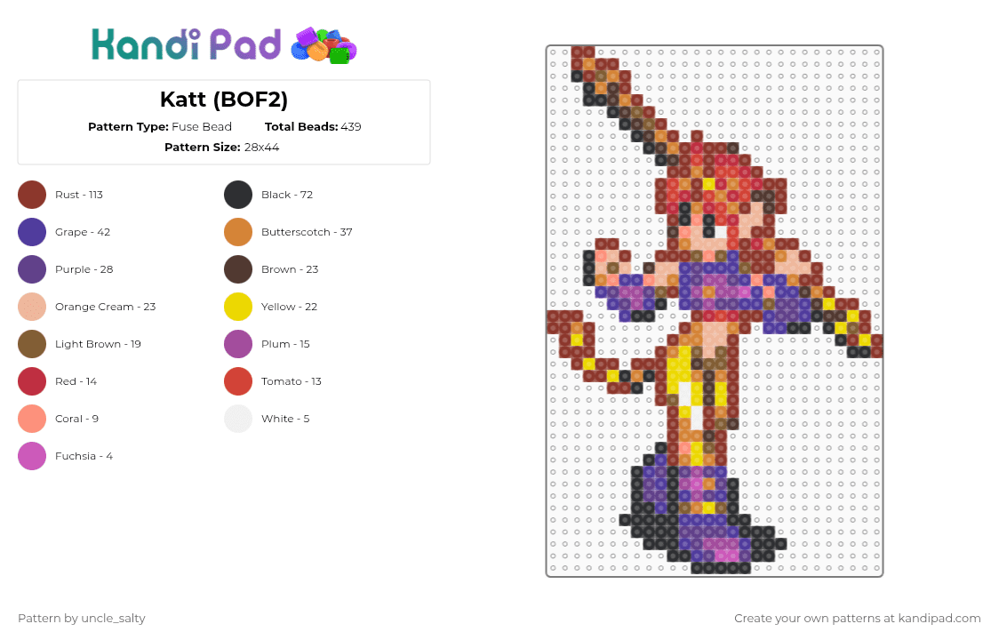Katt (BOF2) - Fuse Bead Pattern by uncle_salty on Kandi Pad - red,orange,purple,video games,games,nintendo