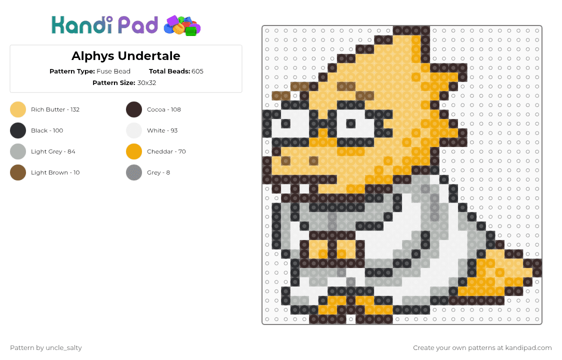 Alphys Undertale - Fuse Bead Pattern by uncle_salty on Kandi Pad - brown,orange,yellow,beige,undertale,deltarune,toby fox,games,gaming,video games,cotdscaly