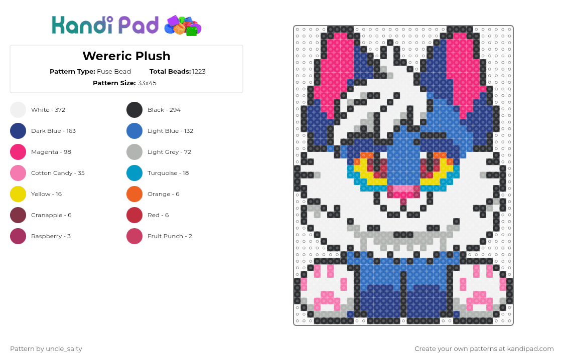 Wereric Plush - Fuse Bead Pattern by uncle_salty on Kandi Pad - white,pink,blue,beige,furry,plush,wereric,cute