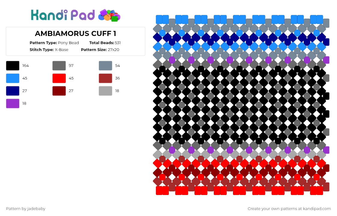 AMBIAMORUS CUFF 1 - Pony Bead Pattern by jadebaby on Kandi Pad - gray,red