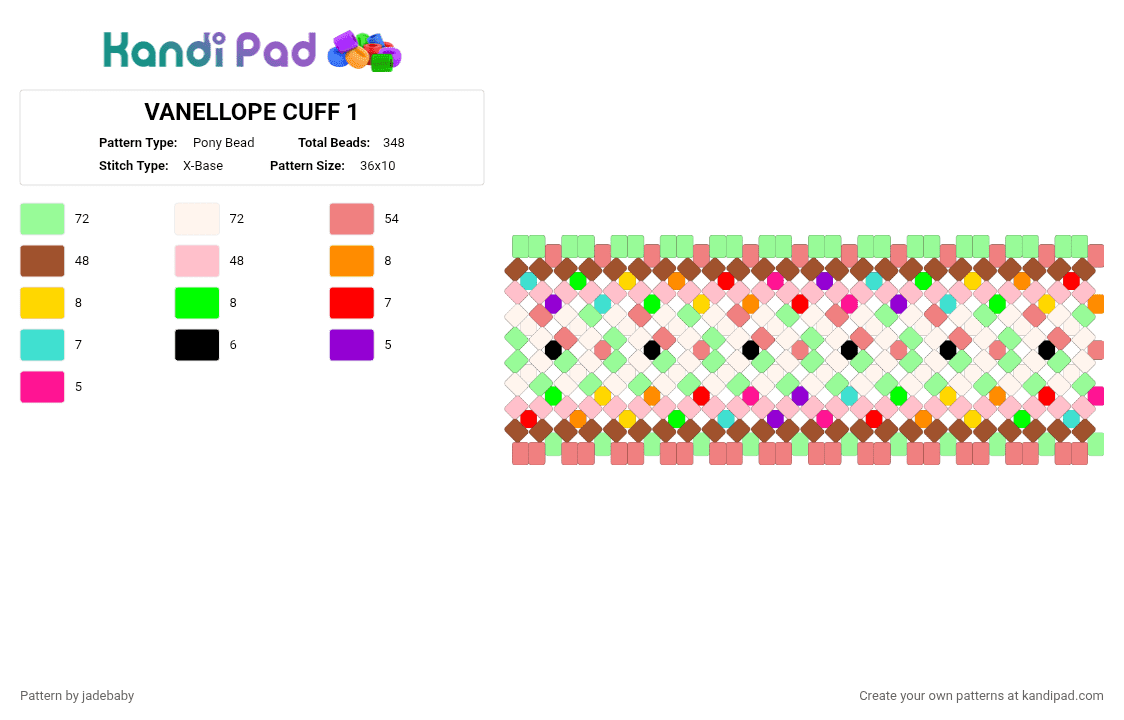 VANELLOPE CUFF 1 - Pony Bead Pattern by jadebaby on Kandi Pad - red,teal,pink