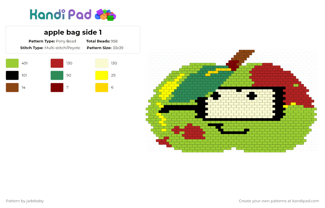 apple bag side 1 - Pony Bead Pattern by jadebaby on Kandi Pad - green