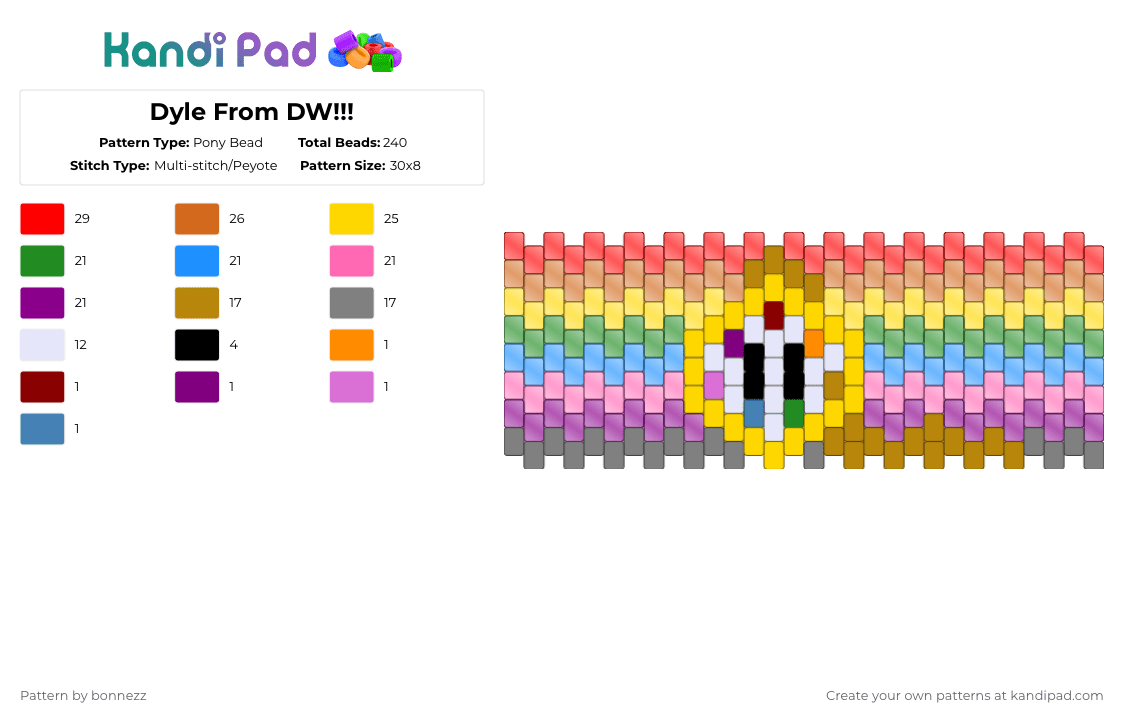 Dyle From DW!!! - Pony Bead Pattern by bonnezz on Kandi Pad - yellow,orange,pink,colorful,dandys world,dyle,toons,dw,rainbow flower,cuff,rainbow,stopwatch