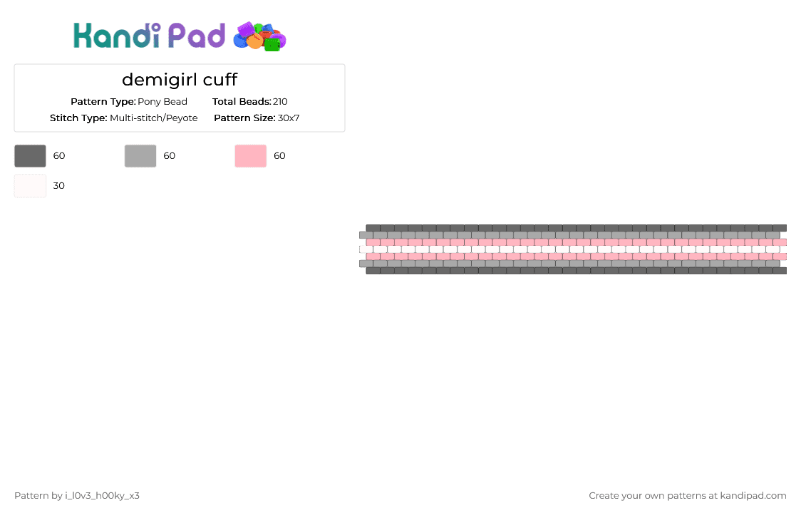 demigirl cuff - Pony Bead Pattern by i_l0v3_h00ky_x3 on Kandi Pad - gray,beige,pink