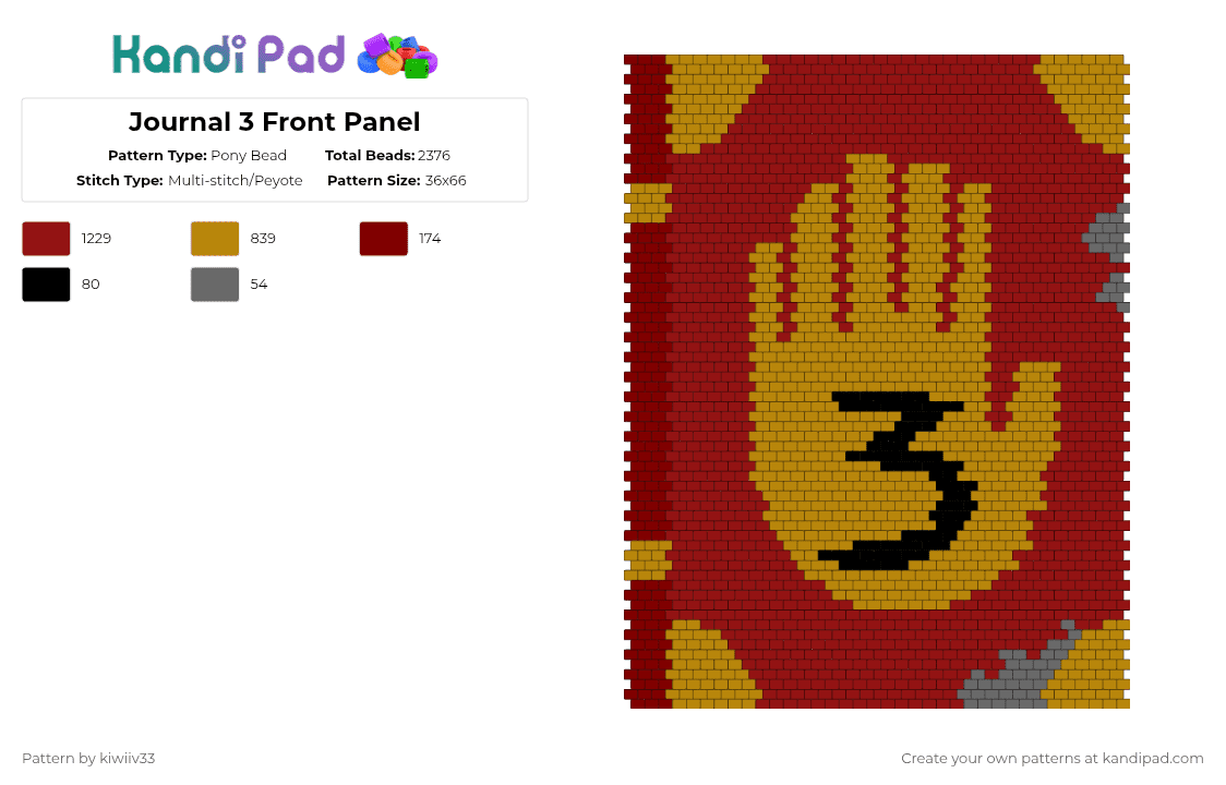 Journal 3 Front Panel - Pony Bead Pattern by kiwiiv33 on Kandi Pad - gold,red