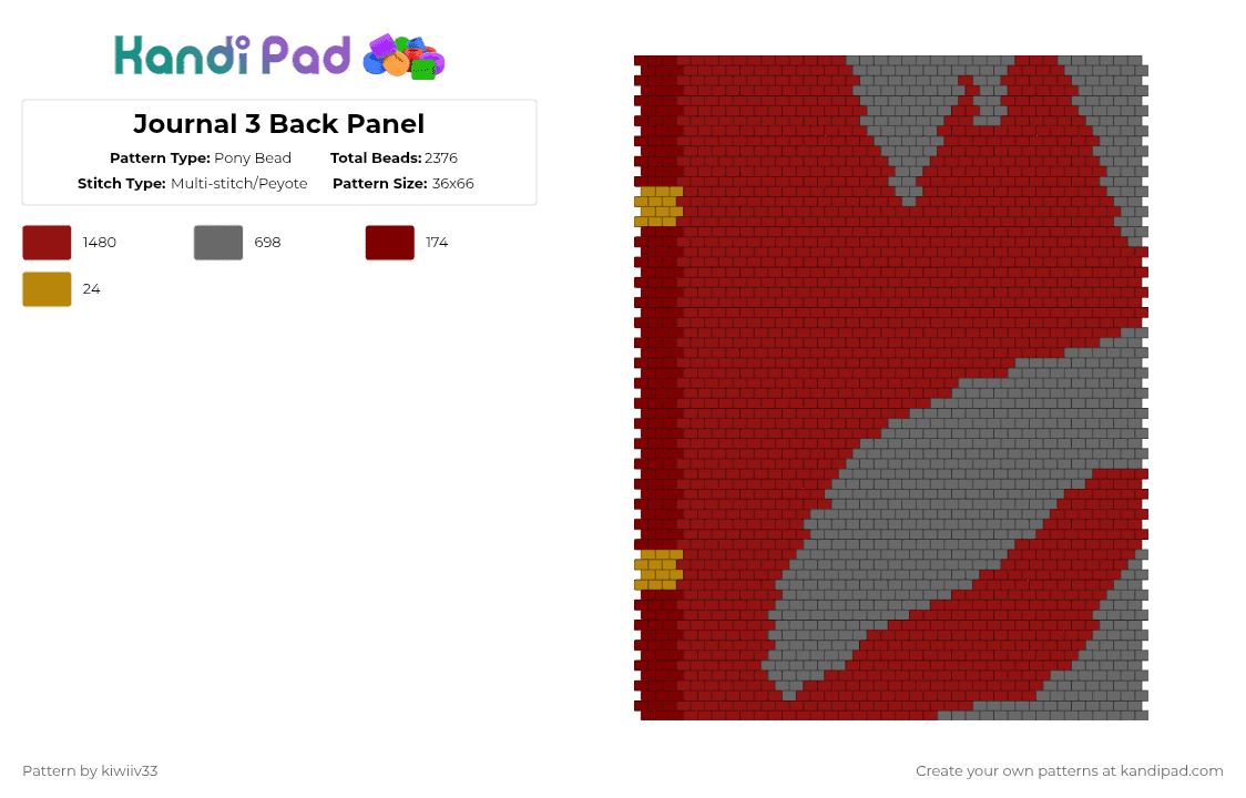 Journal 3 Back Panel - Pony Bead Pattern by kiwiiv33 on Kandi Pad - red,gray