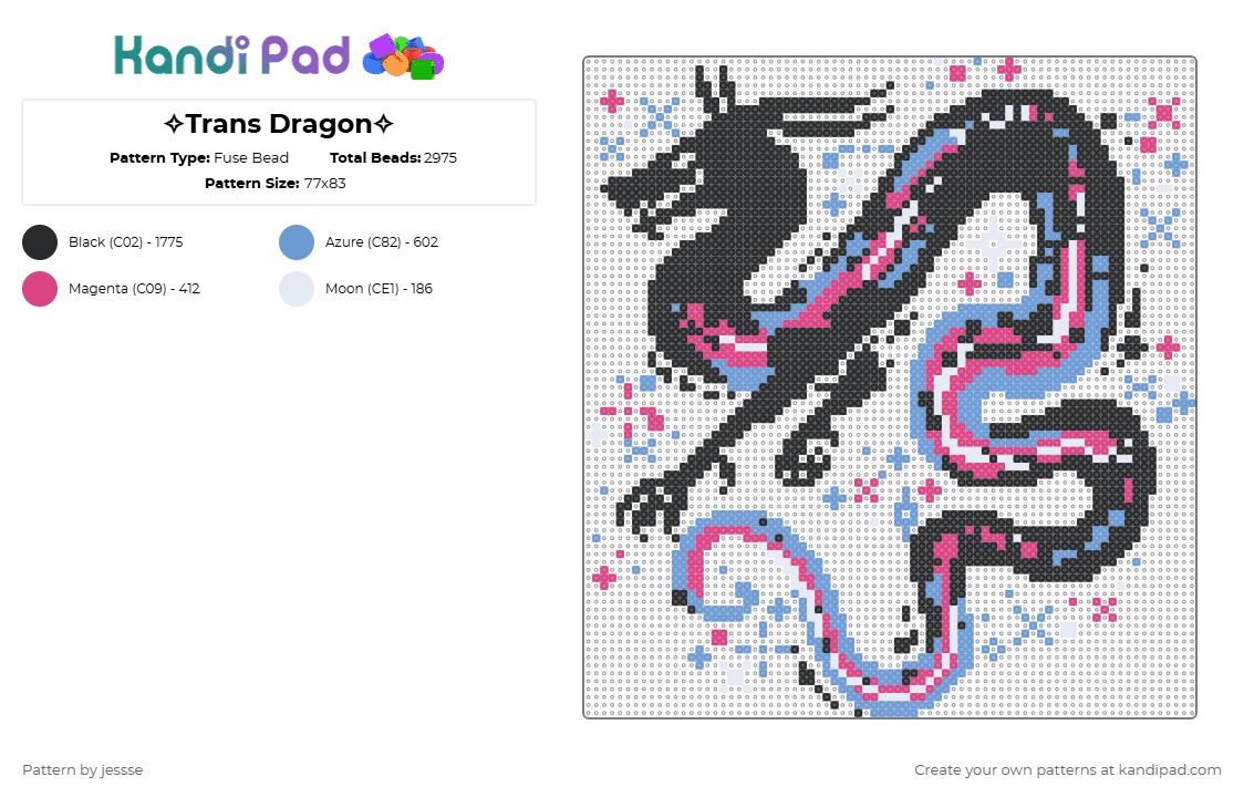 ✧Trans Dragon✧ - Fuse Bead Pattern by jessse on Kandi Pad - black, light blue, pink