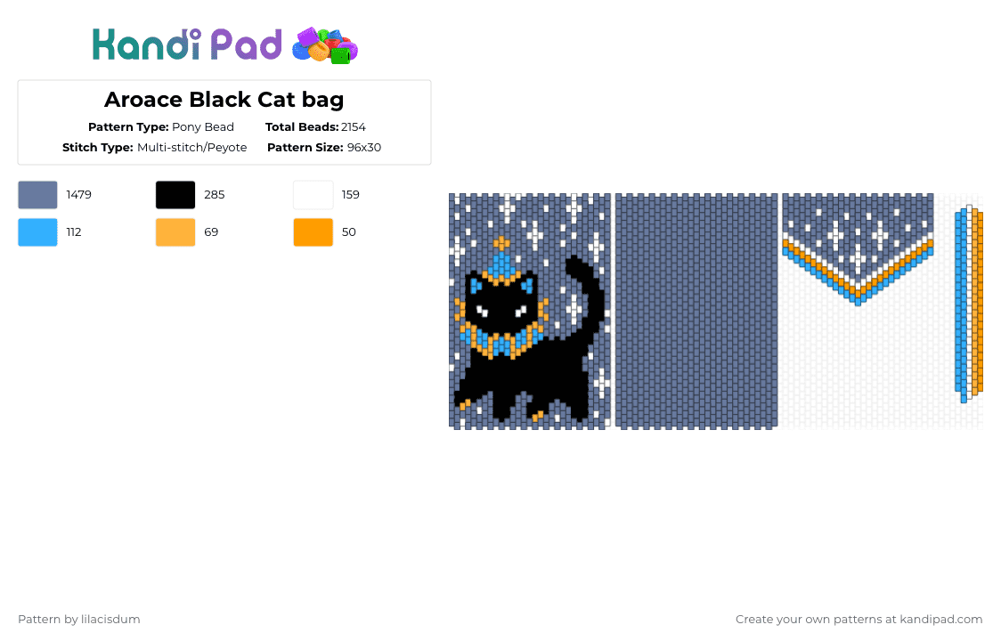 Aroace Black Cat bag - Pony Bead Pattern by lilacisdum on Kandi Pad - blue,aroace,pride,orange,white