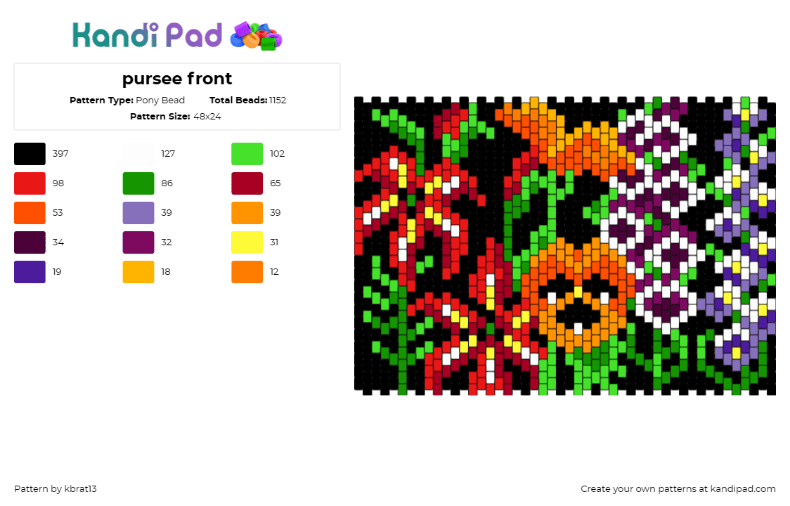 pursee front - Pony Bead Pattern by kbrat13 on Kandi Pad - garden,flowers,purse,panel,nature,bag,colorful,bloom,lily,red,orange,green,black