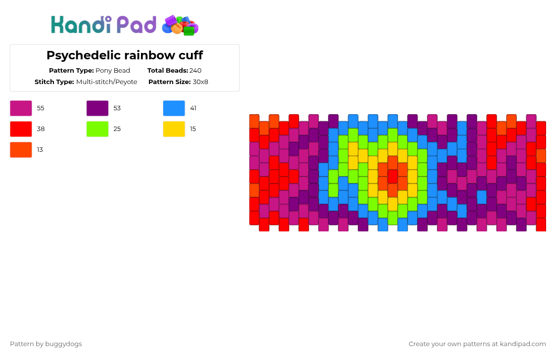 Psychedelic rainbow cuff - Pony Bead Pattern by buggydogs on Kandi Pad - red,pink,cotdhue,rainbow,psychedelic,trippy