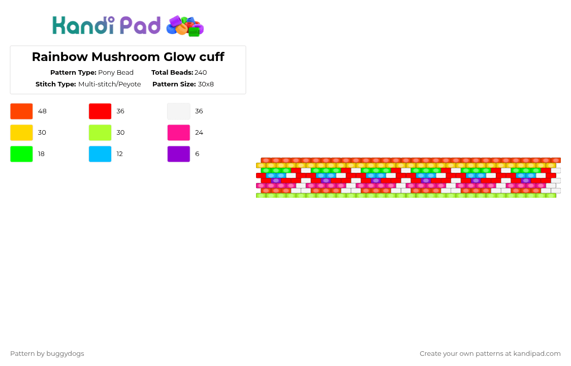 Rainbow Mushroom Glow cuff - Pony Bead Pattern by buggydogs on Kandi Pad - red,green,rainbow,mushroom,glowinthedark