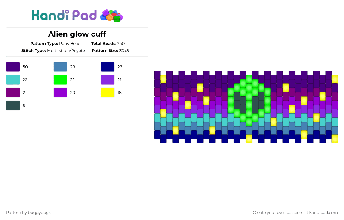 Alien glow cuff - Pony Bead Pattern by buggydogs on Kandi Pad - purple