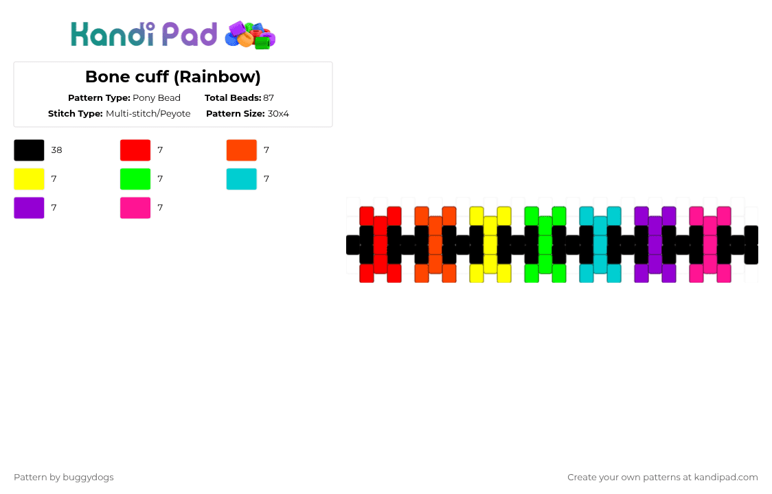 Bone cuff (Rainbow) - Pony Bead Pattern by buggydogs on Kandi Pad - black,red,rainbow,bones,gay