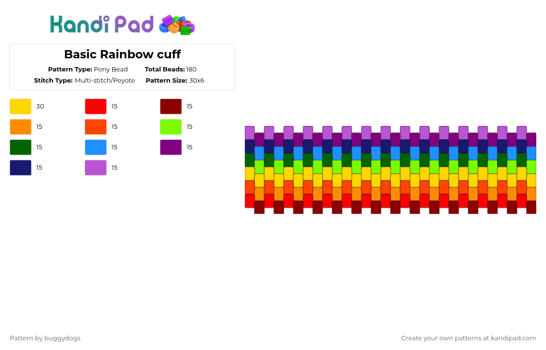 Basic Rainbow cuff - Pony Bead Pattern by buggydogs on Kandi Pad - red,yellow,green,pink