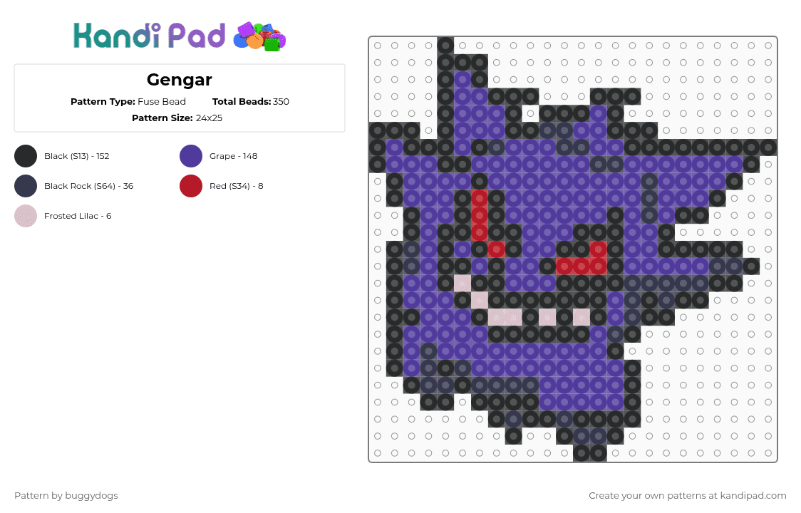 Gengar - Fuse Bead Pattern by buggydogs on Kandi Pad - purple,pokemon,gengar,fusebead
