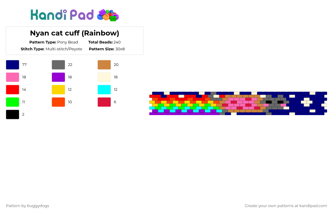Nyan cat cuff (Rainbow) - Pony Bead Pattern by buggydogs on Kandi Pad - red,purple,nyan,rainbow,cuff