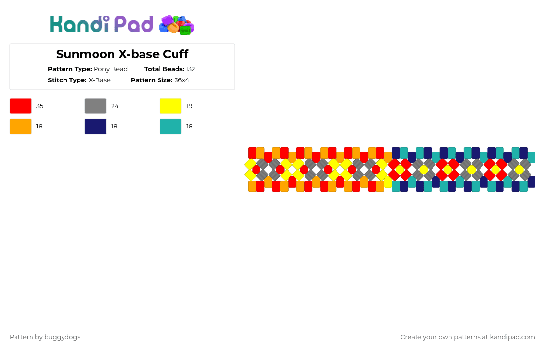Sunmoon X-base Cuff - Pony Bead Pattern by buggydogs on Kandi Pad - gray,red