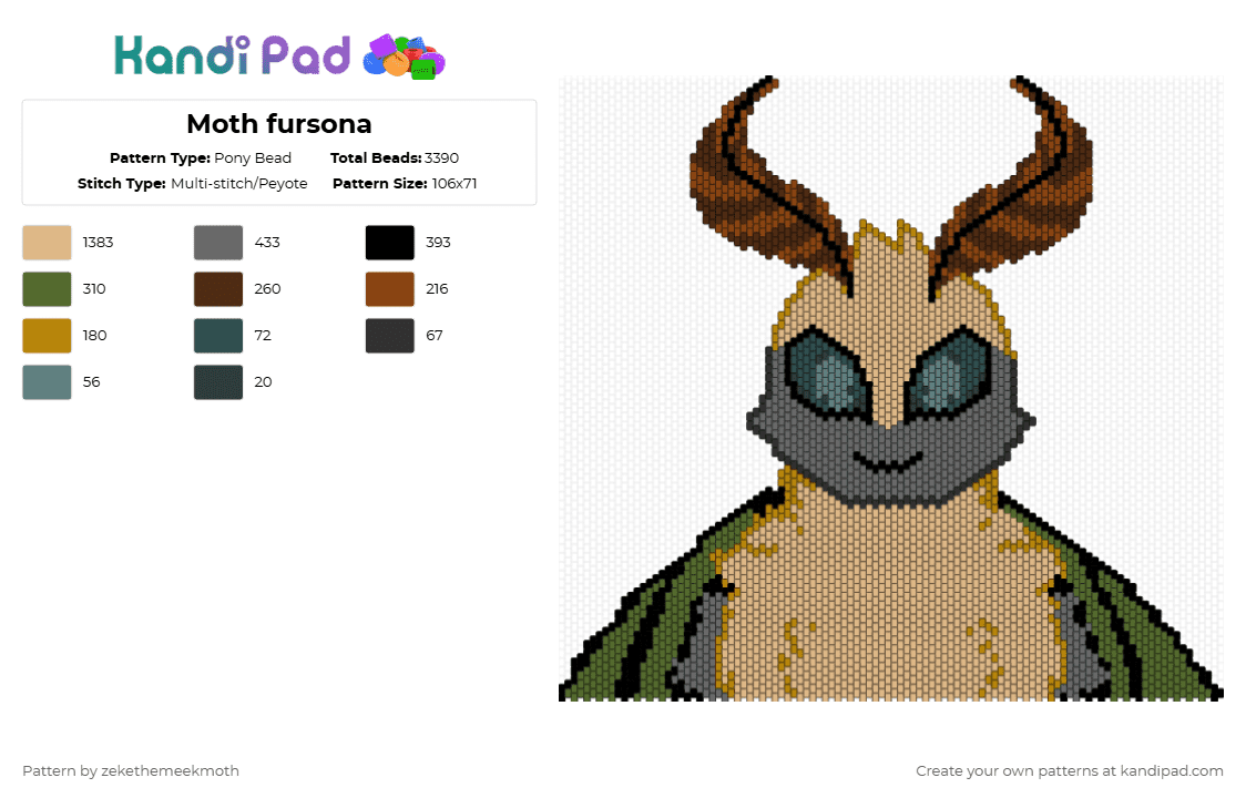 Moth fursona - Pony Bead Pattern by zekethemeekmoth on Kandi Pad - gray,beige